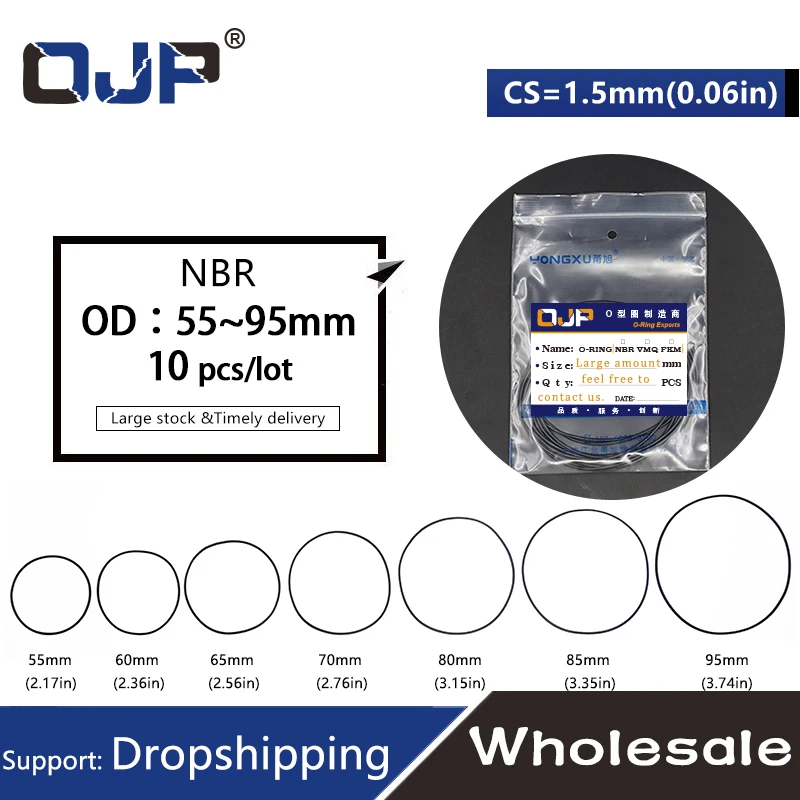 10PC/lot Rubber Ring NBR Sealing O Ring CS1.5mm OD52/55/58/60/62/65/70/72/75/80/82/85/90/95/100mm O-Ring Seal Nitrile Gaskets