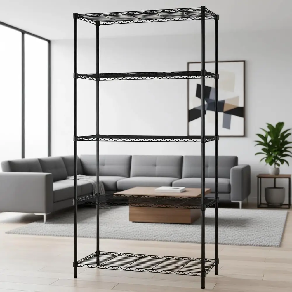 

Металлический стеллаж для тяжелых нагрузок 14 x 36 x 72 дюйма с 5 регулируемыми полками для кухни, кладовой или гаража - черный