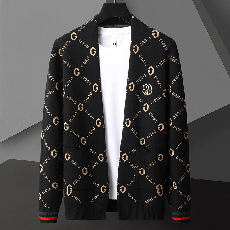 High Quality Spring and Autumn Korean Style Men\'s Pocket Casual Fashion Trendy High-end Printed Design Cardigan Sweater M-4XL