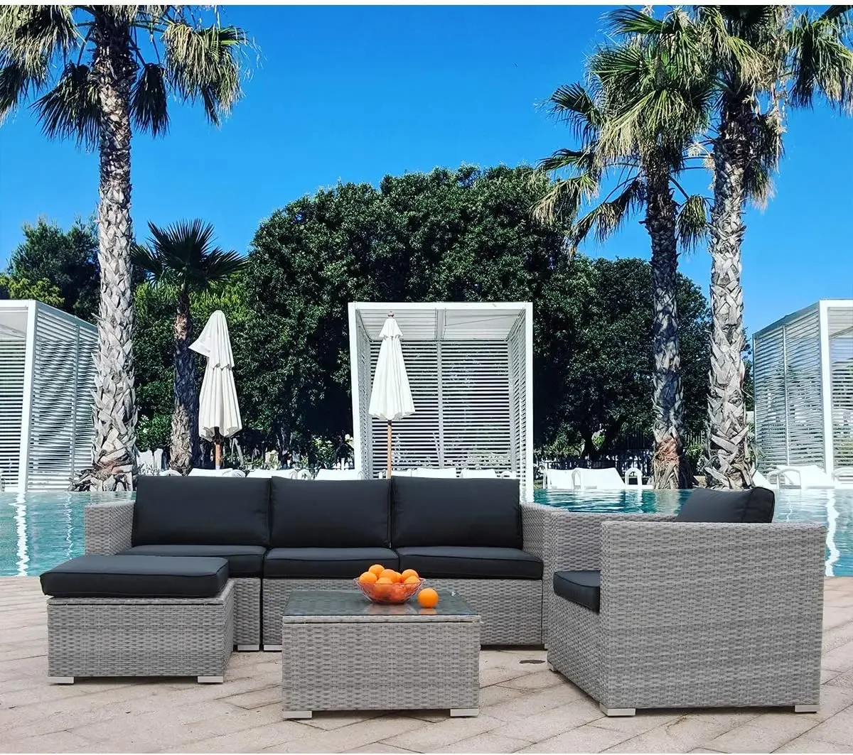 6pcs Patio Furniture Set PE Rattan Wicker Sectional Outdoor Sofa, Washable Seat Cushions & Modern Glass Coffee Table