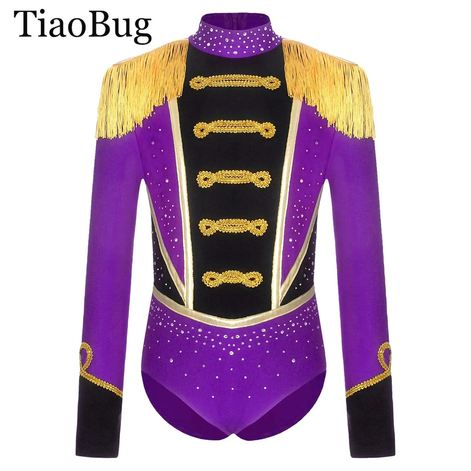 

Girls Rhinestones Circus Ringmaster Costumes Halloween Magician Lion Tamer Cosplay Long Sleeve Fringed Epaulet Leotard Bodysuit