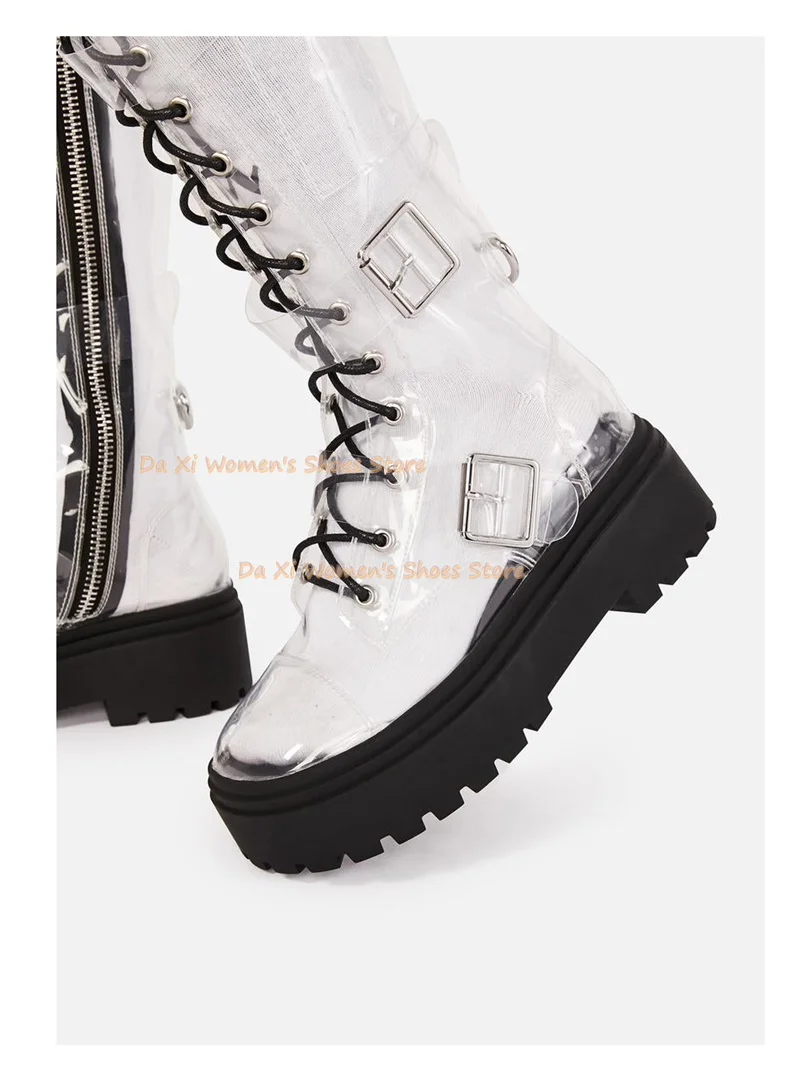 Round Head Transparent Material Belt Buckle Decorative Water Proof Platform Women's Boots Cross Straps Knee Luxury Women's Boots