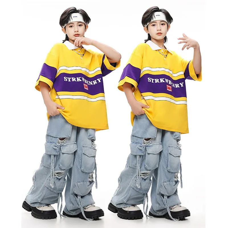 

Kid Hip Hop Clothing Yellow Polo T Shirt Denim Blue Multi Pockets Ripped Cargo Jeans Pants for Girl Boy Dance Costumes Clothes