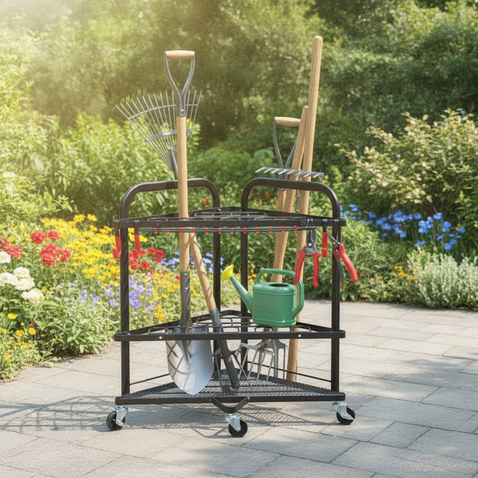Garden Tool Storage Rack Mobile Garden Tool Storage Rack with Hooks Full-Metal Heavy-Duty for Gardeners, Garage, Shed