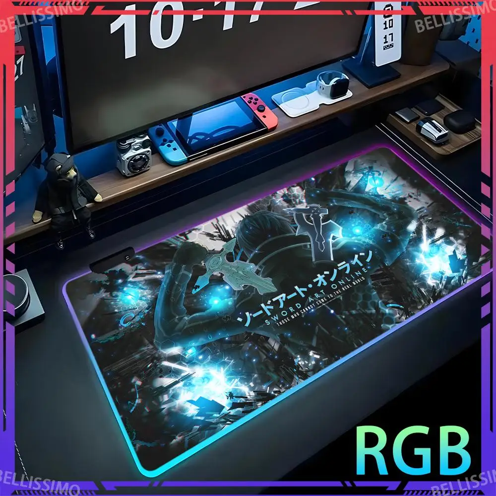 

RGB computer S_Sword Art O_Online anime mousepad desk pad with light game large size mechanical keyboard pad rubber luminous pad