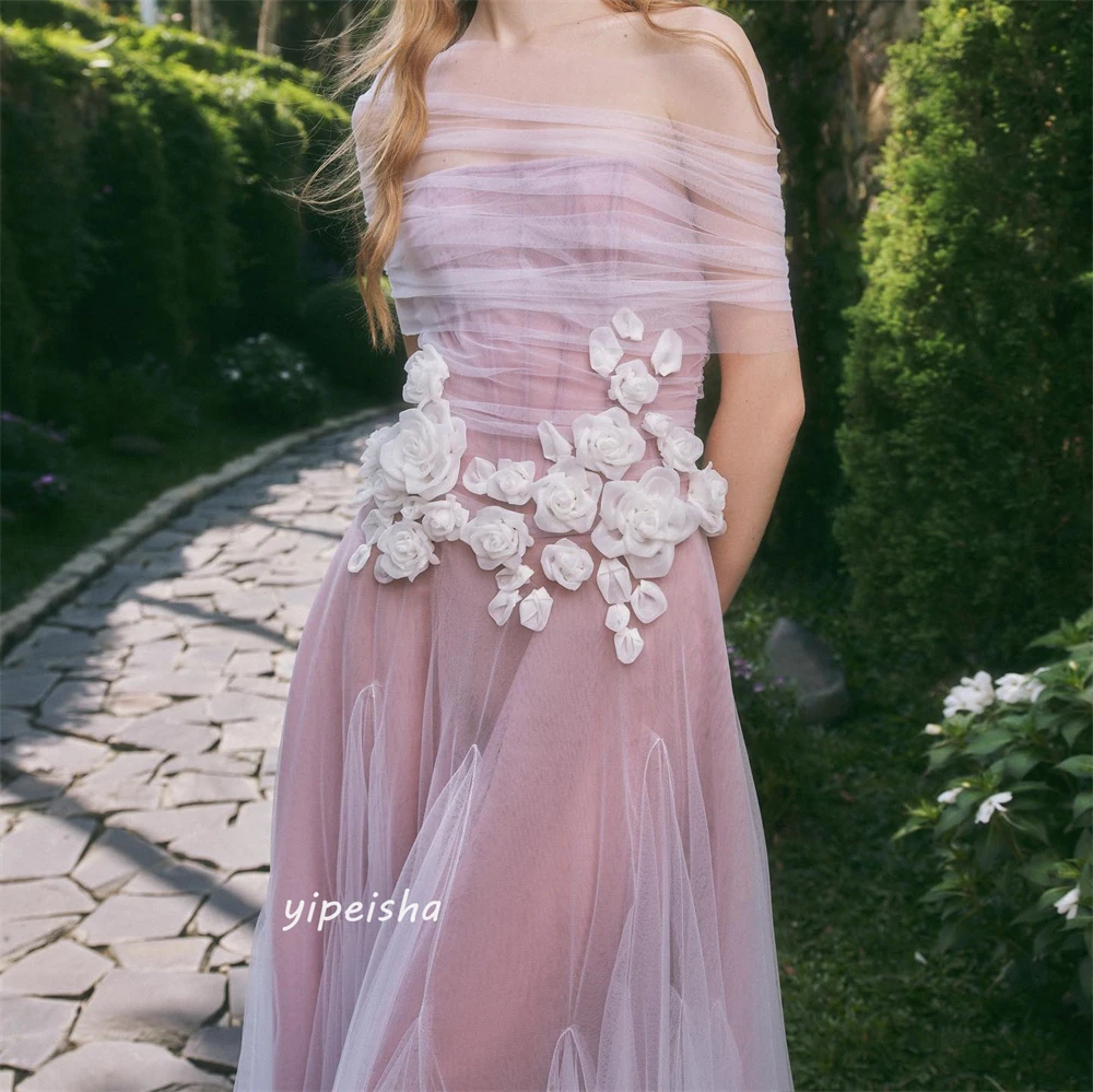 Customized Net Flower Ribbons Ruched Cocktail Party Off-the-shoulder A-line Scalloped Bespoke Occasion Gown Midi Dresses