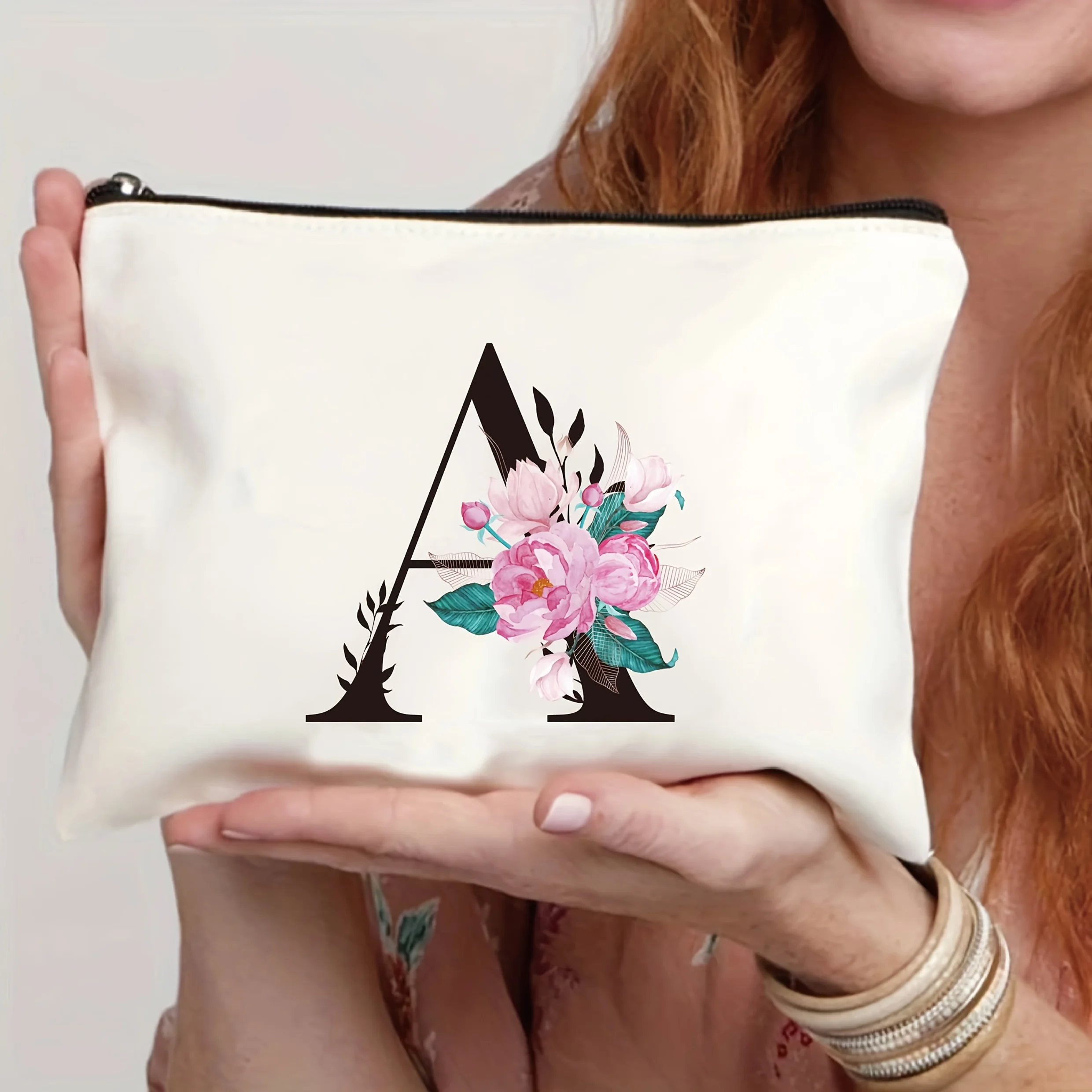 A Minimalist Floral Letter Cosmetic Bag - Polyester Makeup Case with a Zipper, Lightweight Travel Toiletry Bag Suitable for Both