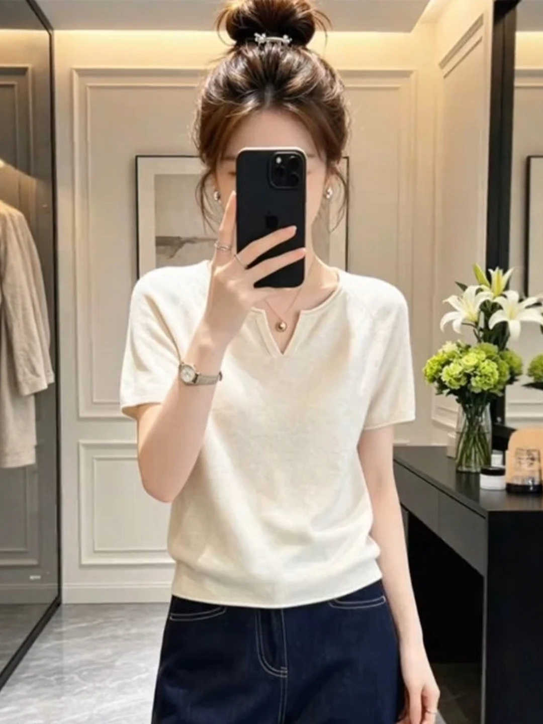 

Korean Style Casual Soft V-Neck Short Sleeve Knitted Sweater Women Summer plus Size Conceal Meat Slimming Versatile Top