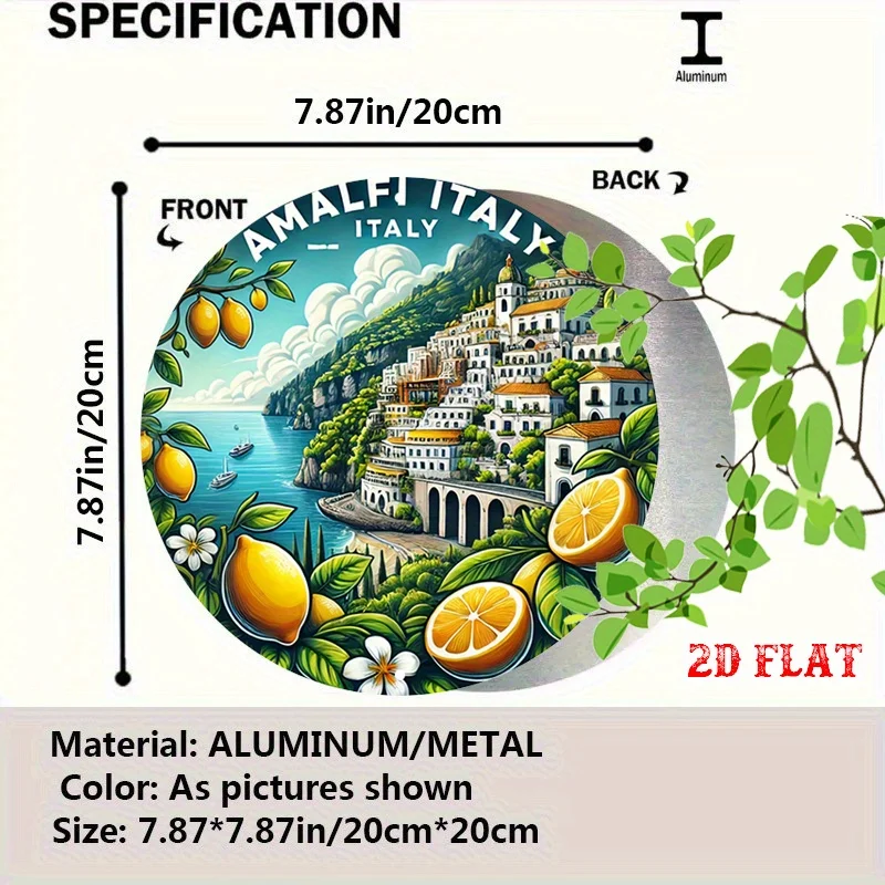 2D Flat, 1pc Vintage Mediterranean Amalfi Coast Metal Wall Art Sign - 19.99cm Round Italian Coastal Village Decor with Lemon & L