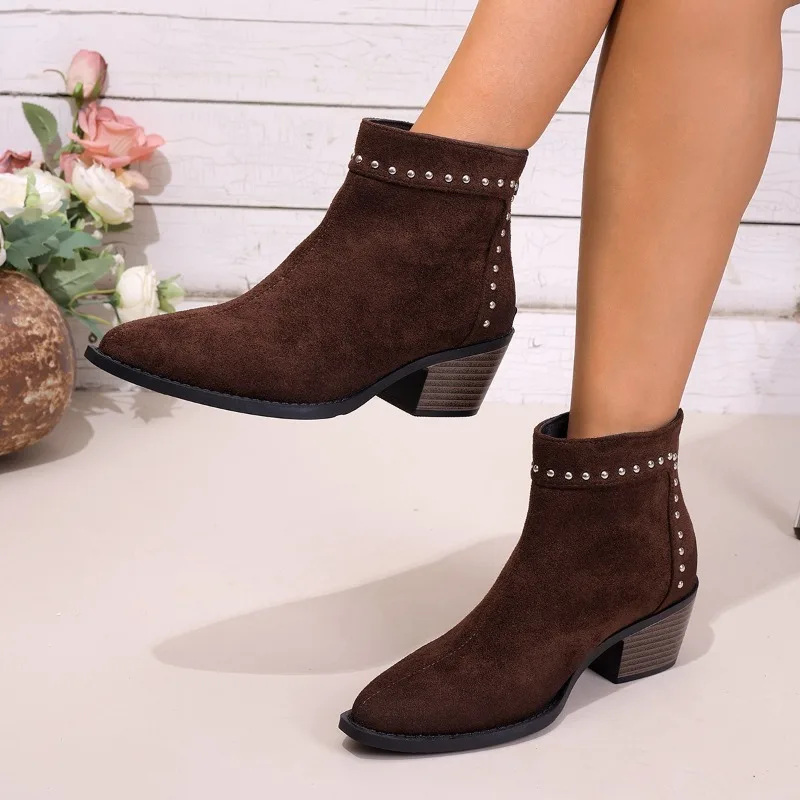 Botines con tachuelas Moda Punta puntiaguda Ante Cremallera trasera Suela suave Antideslizante Resistente al desgaste Zapatos de tacón de bloque para mujer
