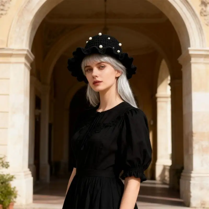 

652F Crochet Fisherman Cap Pearls Studded Design Warm Knit Wide Detailing Vacation Essential