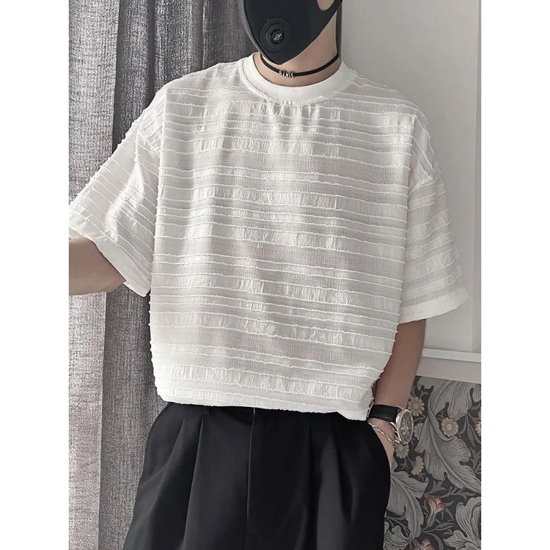 2025 letni strój nastrojowy nowe produkty fajna oddychająca męska koszulka z krótkim rękawem w paski Hollow stylista T-shirt plaża Trend podróżniczy