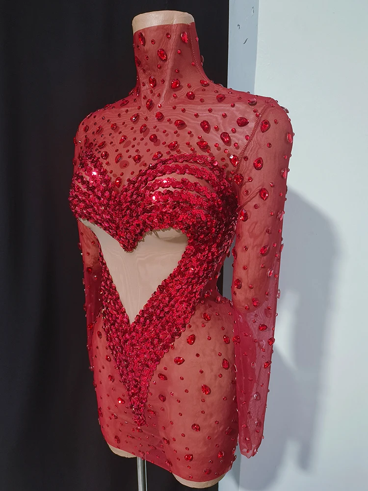 点滅する赤いクリスタルセクシーな透明ミニドレス誕生日クラブを祝うストレッチダンスキャットウォークショーステージ高級パーティーコスチューム