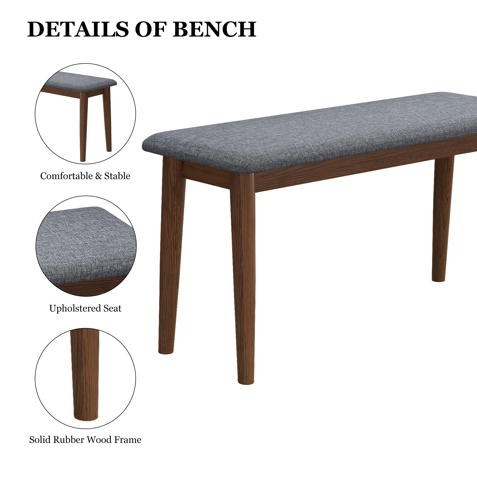 2PCS Upholstered Benches Retro Upholstered Bench Solid Rubber Wood for Kitchen Dining Room Grey and Walnut Color