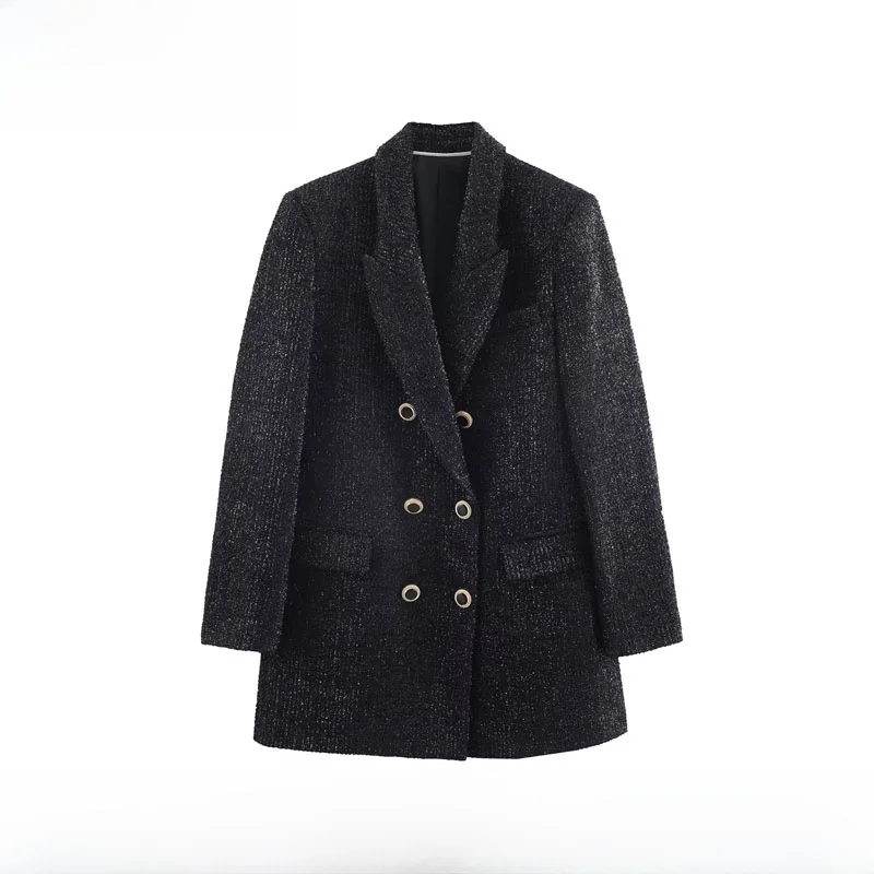 

Faionable Double-breasted Metal Color Tead Suit Jaet Women's Autumn Winter New Arrival Warm Polyester Fiber Commute