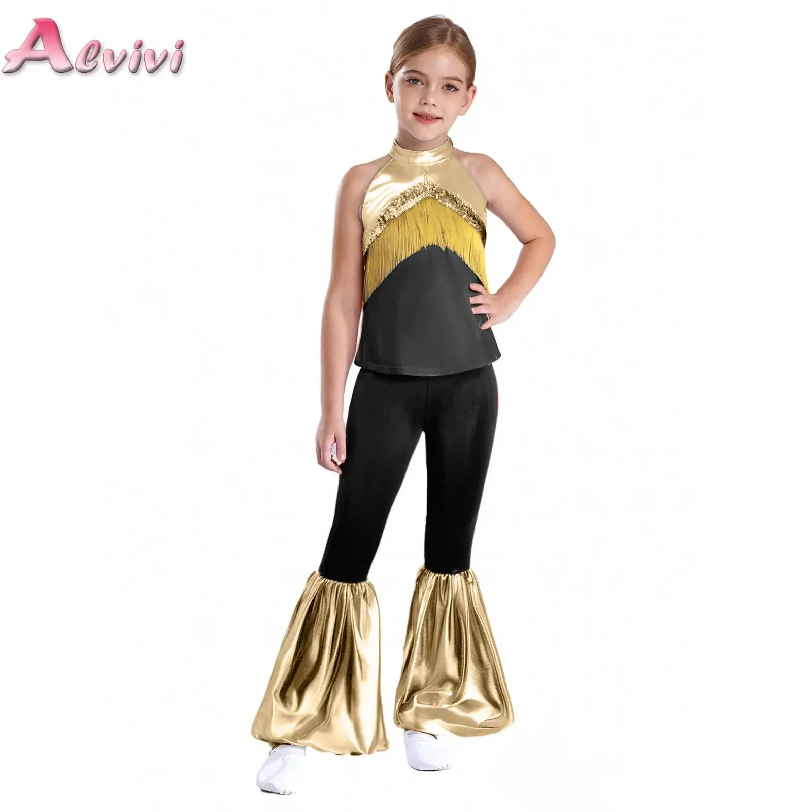 

Shiny Hippie Costume Set for Kid Girls Sequins Tassels Disco Outfits 70s 80s Prom Crop Top+Flare Pants Halloween Party Dancewear