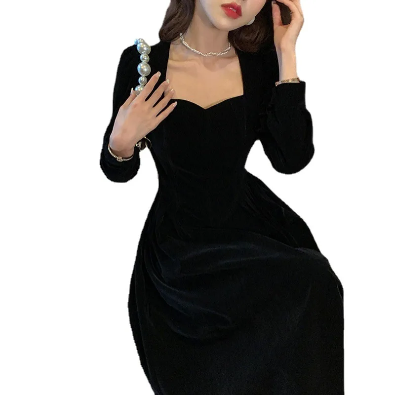 French Court Vintage Black Velvet Dress Hepburn Temperament Women Show Thin High-level Feeling French Classical Party Dress