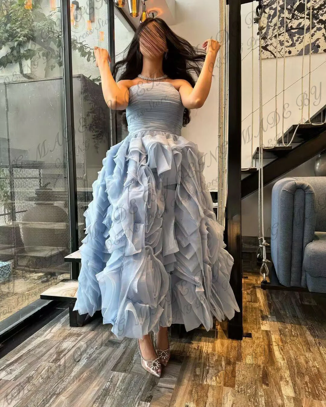 OEING Sky Blue Prom Dresses Elegant Princess Tulle Tiered Flowers Party Dress Special Occasion Ladies Gown Vestidos De Novia