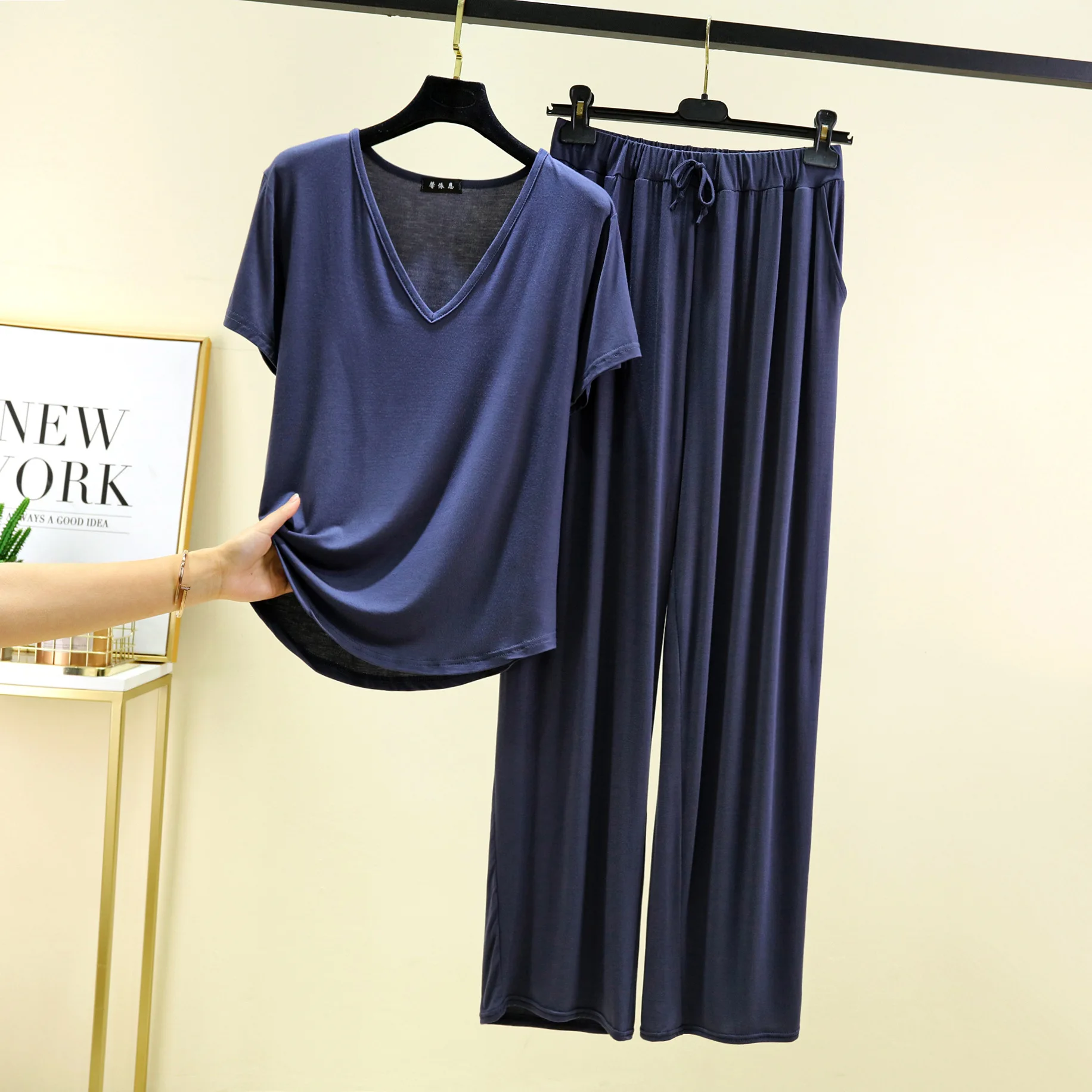 Modal Pajamas Set V-neck Short Sleeve Sleepwear Summer Loose Two-piece Solid Colour Trousers Sets Women's Home Clothes Pijama