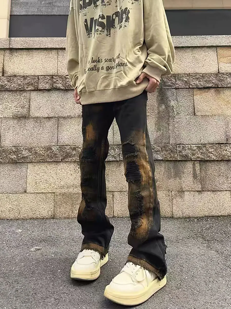 

Американские джинсы-клеш в стиле хип-хоп для мужчин, с дырками, цветные, длинные, прямого кроя, для подростков