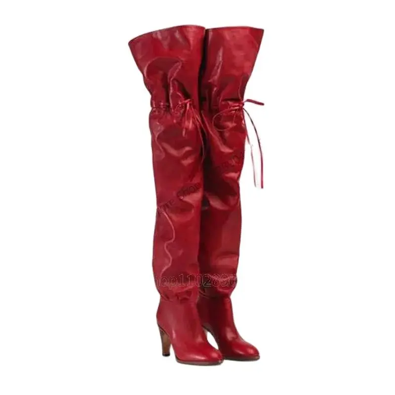 

Red Black Elastic Band Thigh High Pointed Toe Boots Lace Up Women Shoes Chunky High Heels Runway Winter 2023 Zapatos Para Mujere