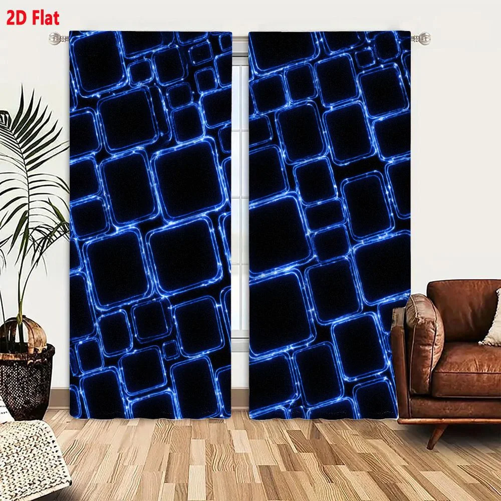 2Pcs Curtains 2D Flat Glowing Blue Neon Square Geometric Pattern On Dark Background Abstract Modern Grid Tiled Design Window Dra