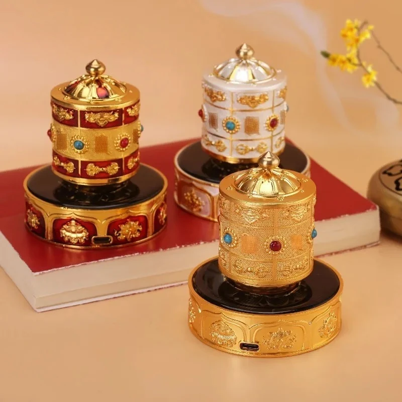 Alloy 8 Treasures Pattern Electric Prayer Wheel USB Charging Rotatable Scripture Cylinder Buddhist Tabletop Display Accessory
