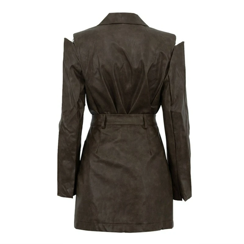 ชุดเซ็ตสองชิ้น เสื้อแขนยาวดีไซน์ใหม่แบบโปร่งลายฉลุ  คอลเลคชั่นฤดูใบไม้ร่วง 2026  สไตล์อเมริกันเรโทร  ชุดกระโปรงหนัง PU สำหรับผู้หญิง