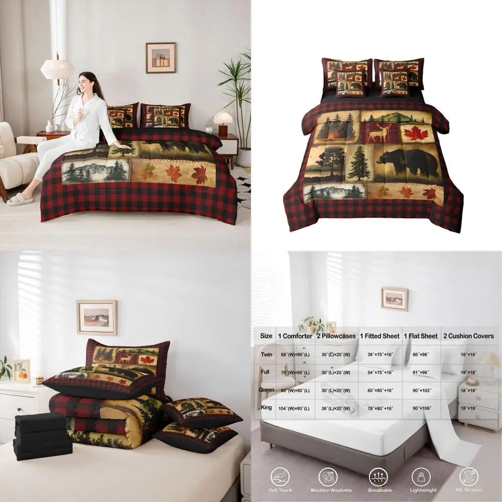 

Queen Size Cabin Plaid Comforter Set, Rustic Farmhouse Bedding, Deer & Pine Tree Quilt, Maple Leaf Sheets, Red, Black, Brown