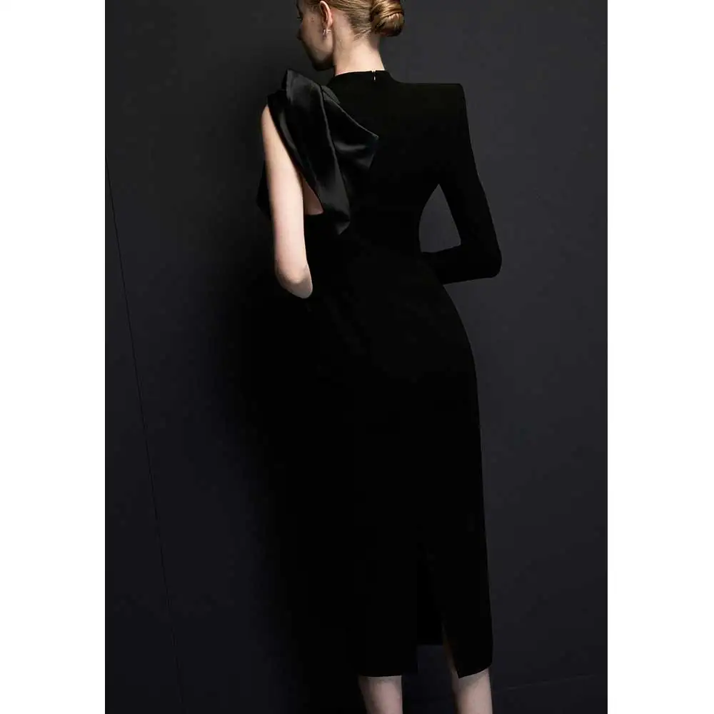 YUNLAN Luxurious Black Crepe One Shoulder Sleeve Ruffled Mommy Evening Gown 2024 Dubai Wedding Party Formal Guest Midi Dress