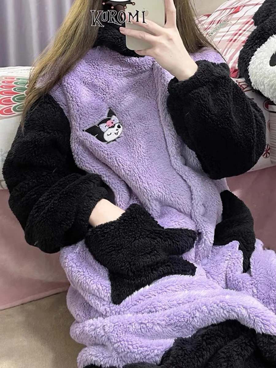 Kuromi Nachtjapon Vrouwelijke Winter Lange Plus Fluwelen Leuke Pyjama Pak Kawaii Student Broek Warme Broek Jas Nachtjapon Kleding Cadeau