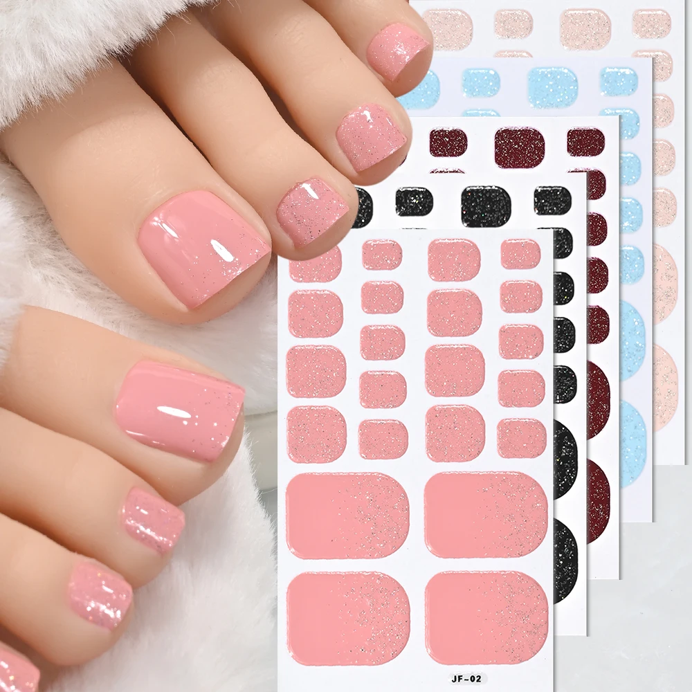 22tips Glitter Toe Nail Sticker Wraps Adhesive Decals Toenail Polish Strips Patch Women Solid Color Full Cover DIY Foot Sliders