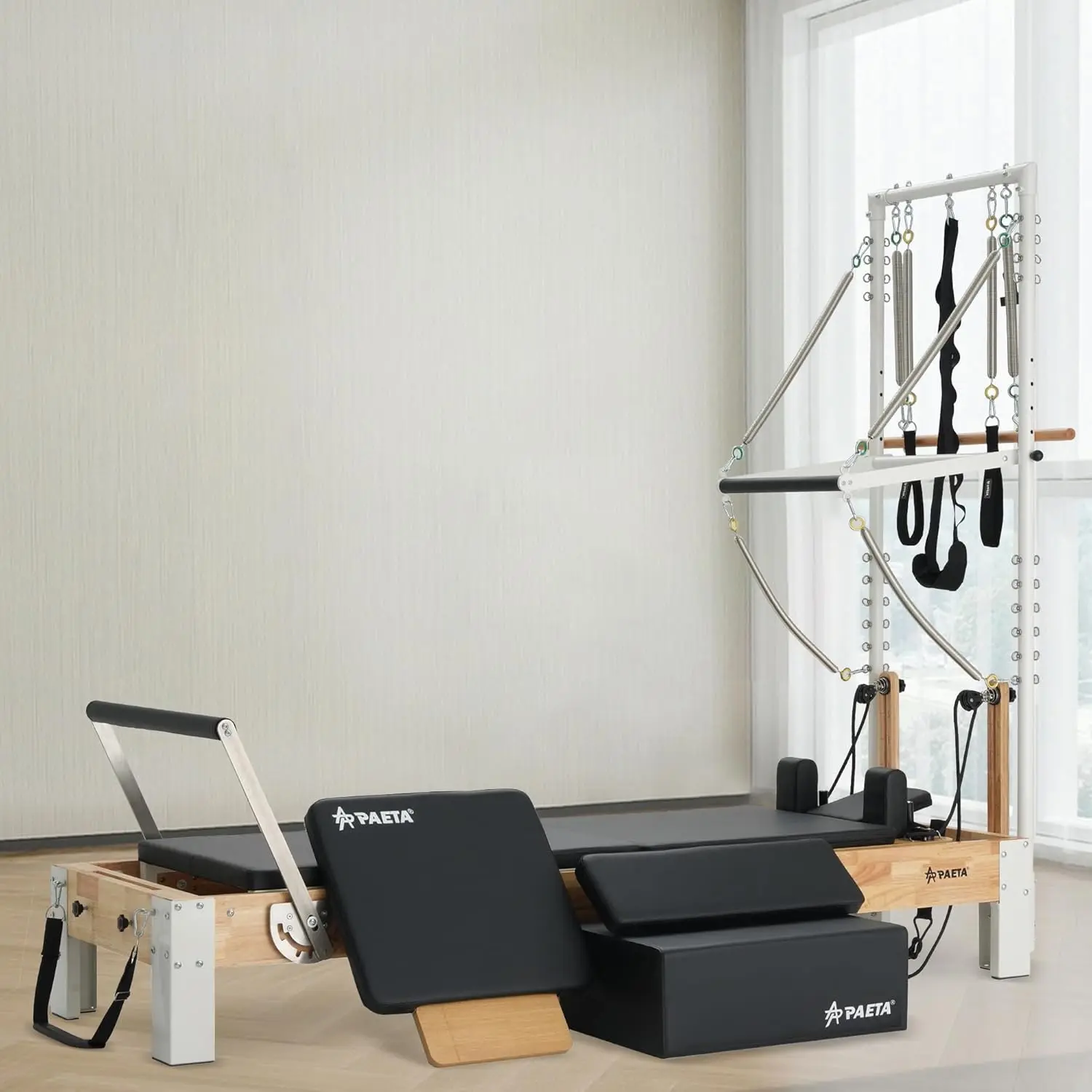 Wooden Pilates Reformer Machine with Cadillac Trapeze Table, Includes Sitting Box and Jumpboard, for Home Workouts and Studio Use