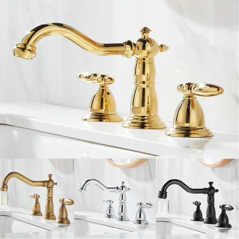 

Black Solid Brass Bathroom Basin Faucet Mixers Taps Antique Kitchen Sink Faucet Dual Handles 3 holes Bathtub Faucet Gold