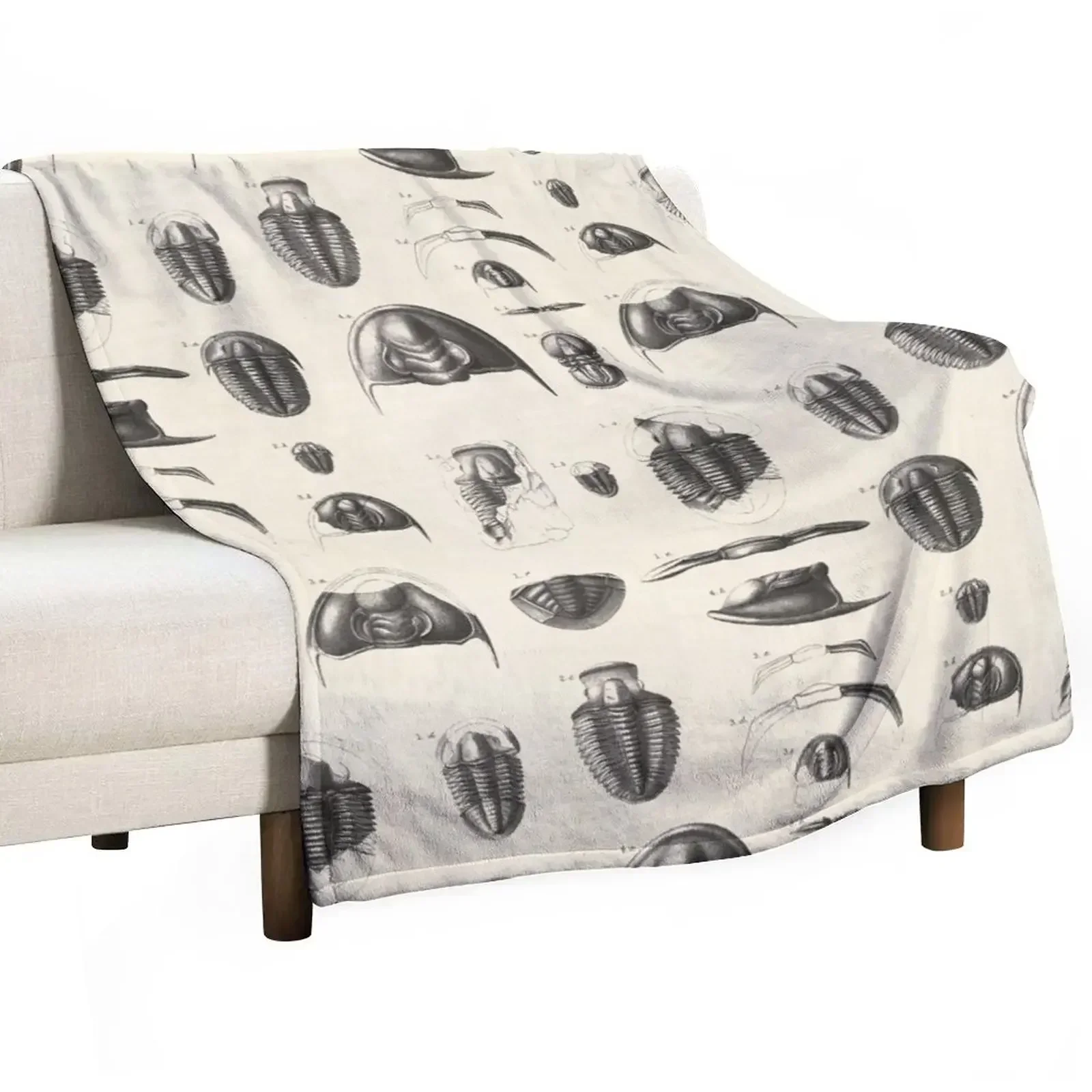 1877 Vintage Etchings of Fossils, Trilobites. II. Primordial period. Throw Blanket Fashion Sofas Soft Big Blankets