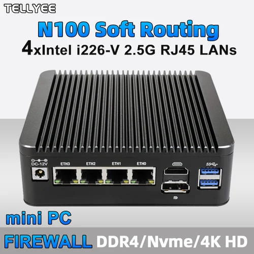 12세대 인텔 N100 2.5G 소프트 라우터 4x i226-V Lans 1*COM RJ45 팬리스 미니 PC 컴퓨터 HD DP USB Type-C pfSense 방화벽 기기 PVE ESXi 