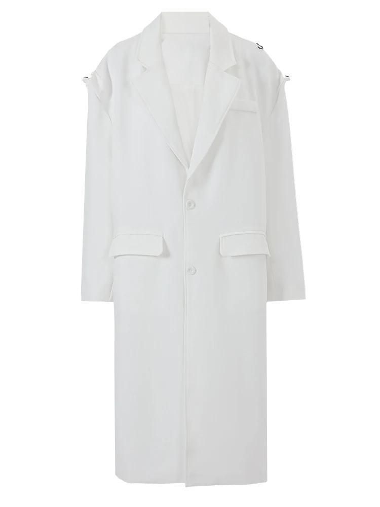 [EAM] Women Black Buckle Big Size Long Trench New Lapel Long Sleeve Loose Fit Windbreaker Fashion Spring Autumn 2024 CPG0715