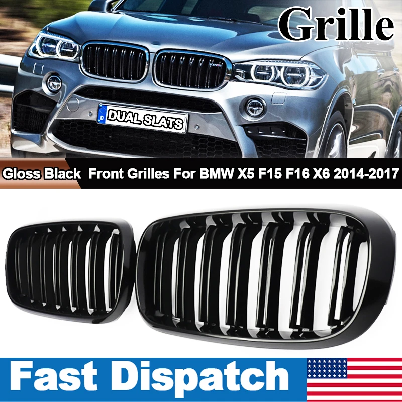 

1 Pair Car Glossy/Matte Black Front Bumper Double 2 Slat Kidney Grilles for BMW F15 F16 X5 X6 F85 F86 X5M X6M 2014-2017 Grilles