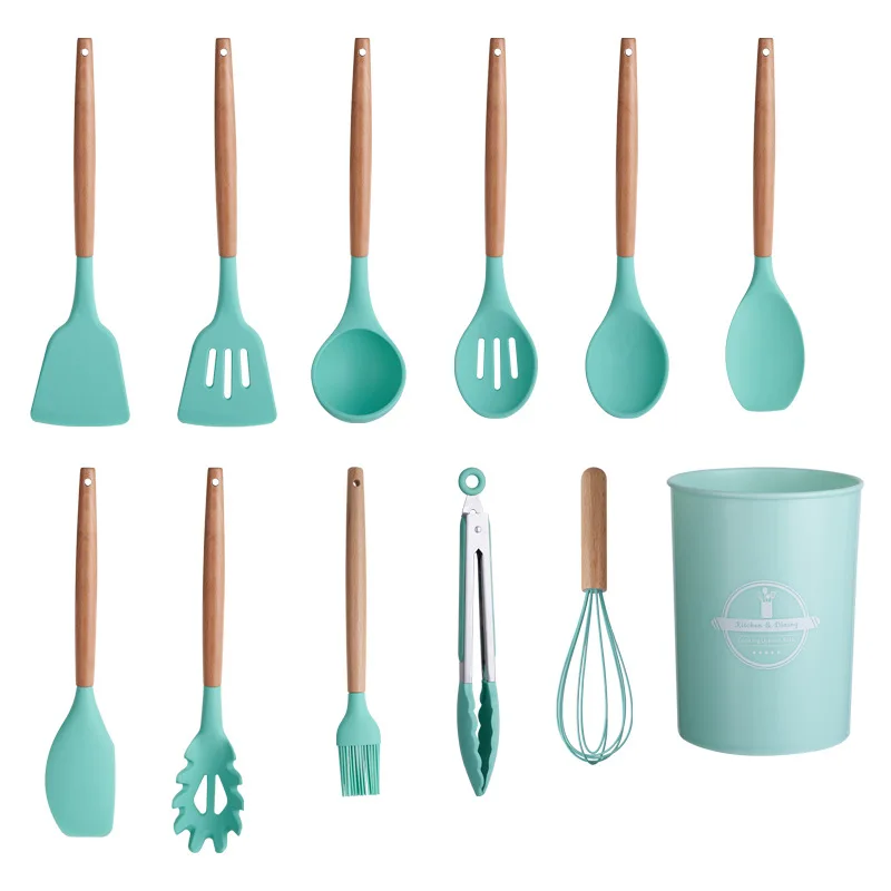 Cooking Non-stick Pan Storage Bucket Wooden Handle Silicone Kitchenware 12-piece Silicone Kitchenware Spatula Spoon Set