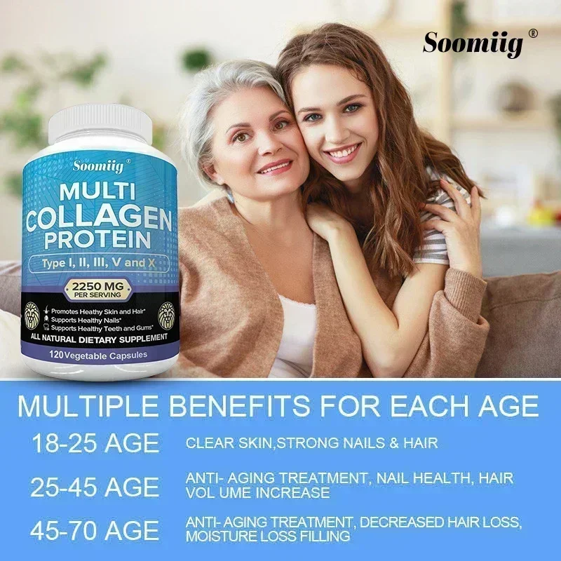 Multi-Collagen Capsules for Women & Men - Hydrolyzed Types I II III V X for Skin, Hair, Nails, Bones, Joints, Nutrition &Protein