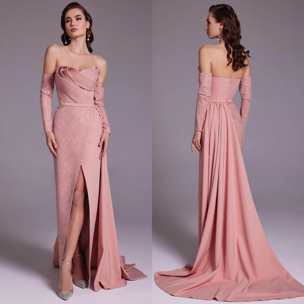 

Jersey Pleat Engagement Column Strapless Bespoke Occasion Gown Long Dresses