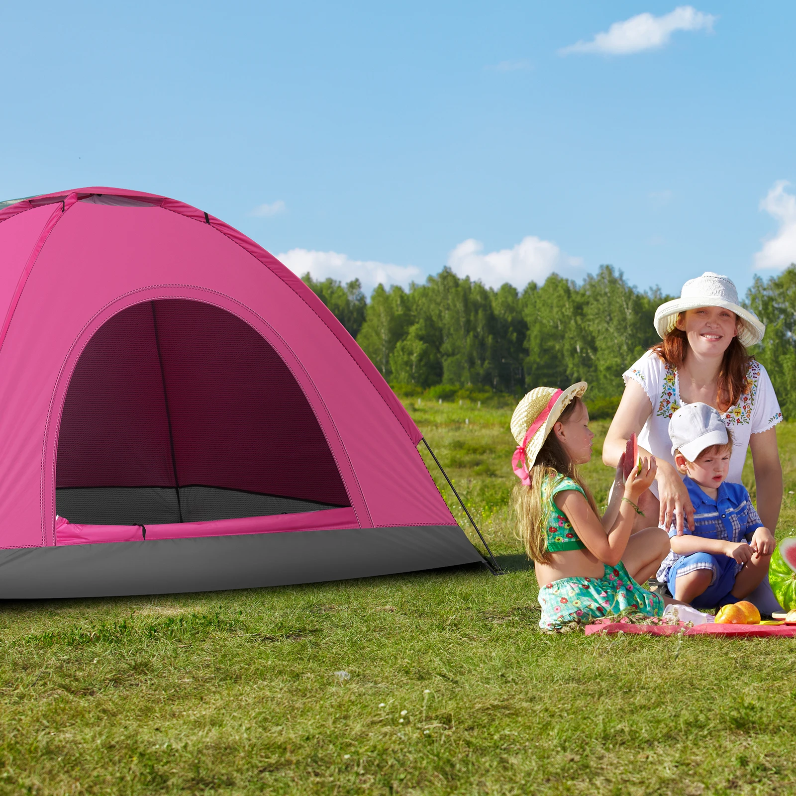 

3 4 Person Camping Dome Tent Waterproof UV Proof 180T Silver Coated Polyester Fiberglass Poles Portable Bag Outdoor Pink