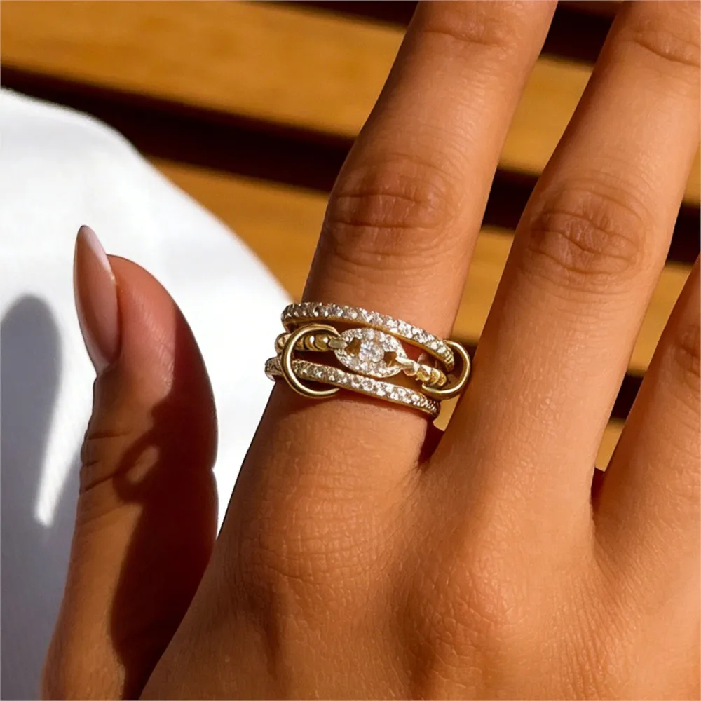 Gold Color Stainless Steel Spinelli Kilcollin Rings Set For Women Light Luxury Iced Out Multi Layers Ring Fashion Finger Jewelry