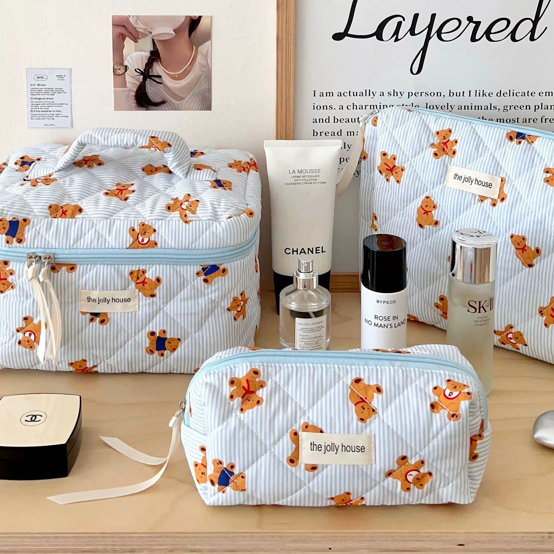 Cute Bear Makeup Bag Multi-Layer Compartments Cosmetic Organizer with Zipper, Portable Travel Toiletry Pouch for Women Girls