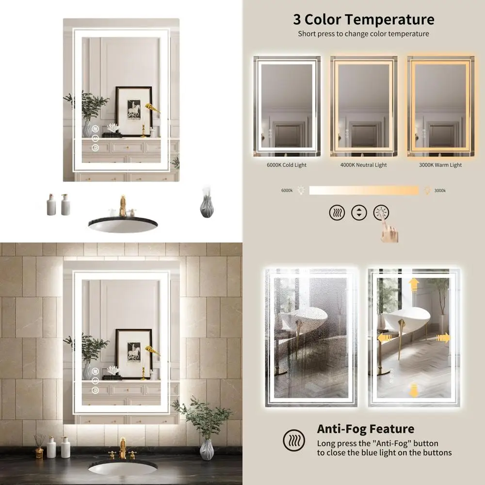 

20x28 Dimmable LED Bathroom Mirror with Anti-Fog, Front and Back Lighting, Wall-Mounted Modern Vanity Mirror with Memory Functio