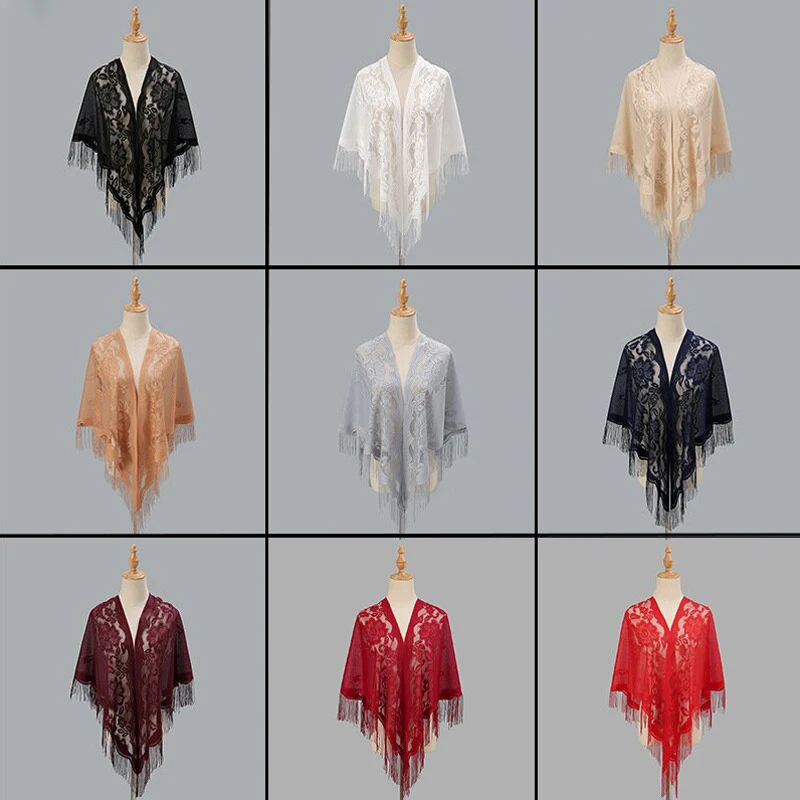 New Hollow Breathable Tassel Triangle Scarf Tassel Patchwork V-Neck Cardigans Women Vintage Shawl Party Dinner Top Scarf