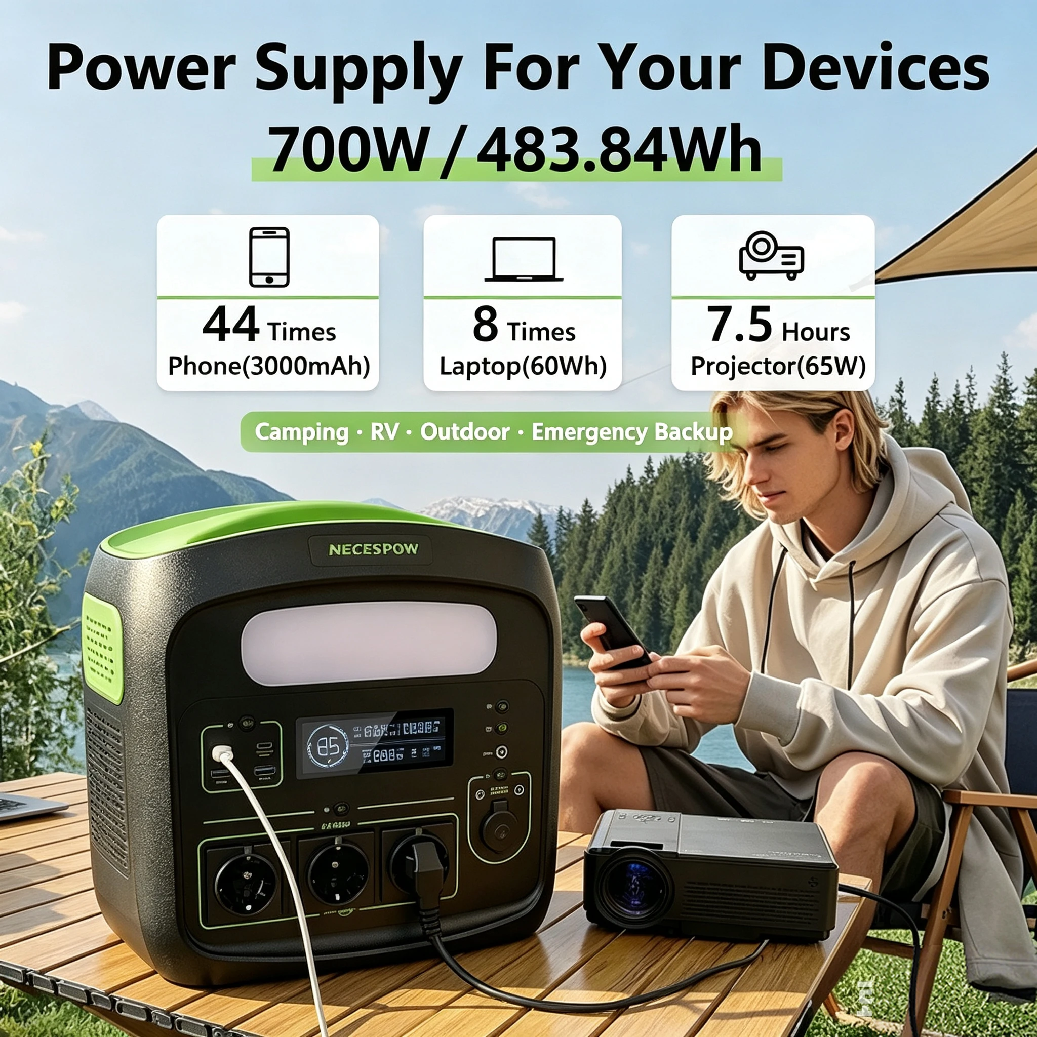 NECESPOW N7576 Stazione di Alimentazione Portatile da Esterno 700W 483.84Wh Generatore Solare Alimentazione di Emergenza per Campeggio, Camper, Casa e Backup Esterno