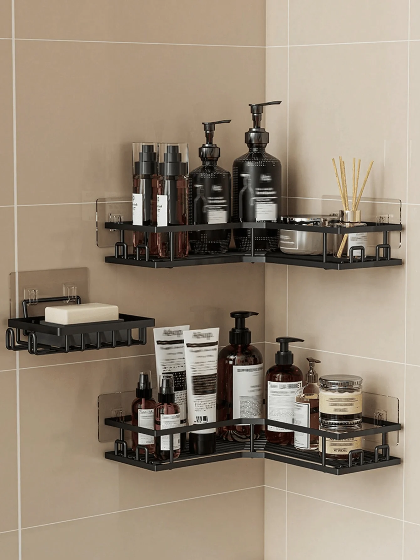 3 Pack Corner Shower Caddy Adhesive, No Drilling Stainless Steel Bathroom Shelf Organizer, Rustproof Wall Mount Storage Rack for Shampoo, Soap & Body Wash - view 5
