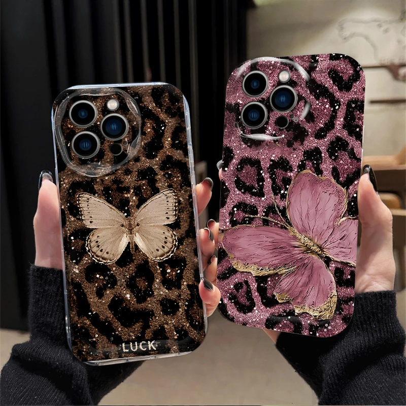 Coque de téléphone à imprimé léopard et papillon, étui antichoc pour IPhone 17 16 15 14 13 12 11 Pro Max Plus 17Air 16E XR XS X 7 8