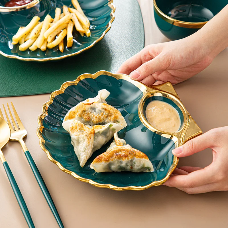 HOONRA 8 inch Creative Shell Dinner Plate Under-glazed Ceramic Dinner Dishes Dessert Tray Golden Edge Dinnerware Microwave Safe
